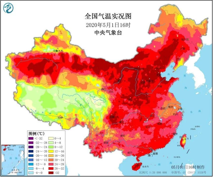 今年的"五一"假期可谓是"热"字当头 回顾一下昨天16时的全国气温实况