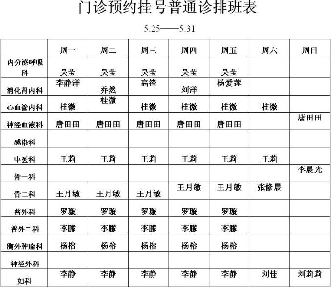 25——5.31门诊预约挂号普通诊排班表(附:预约方式)