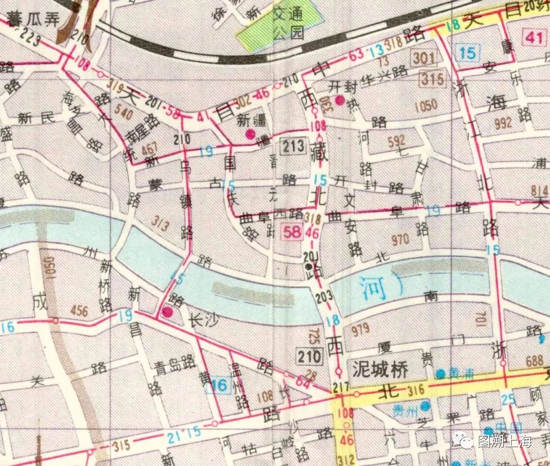 1988年地图:15路电车泥城桥周边走向