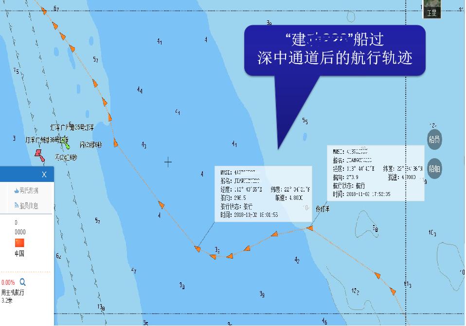 水域更加开阔,大幅度左转计划横越主航道,此时船舶横风横浪,横摇幅度