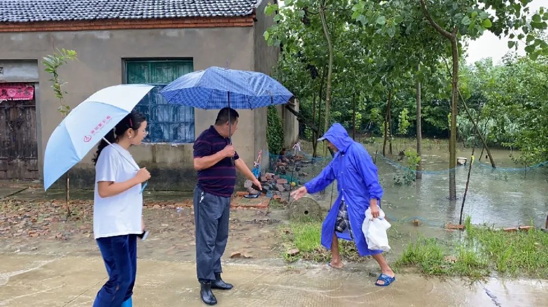 和低洼涉水路面情况双墩镇党委委员丁云鹤在抗洪一线风雨无情人有情