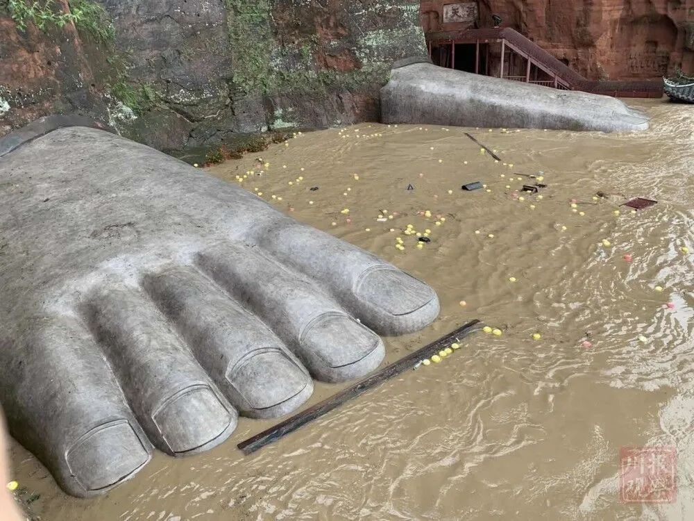 1949年来首次乐山大佛被洪水淹至脚趾当地紧急救援上千名群众
