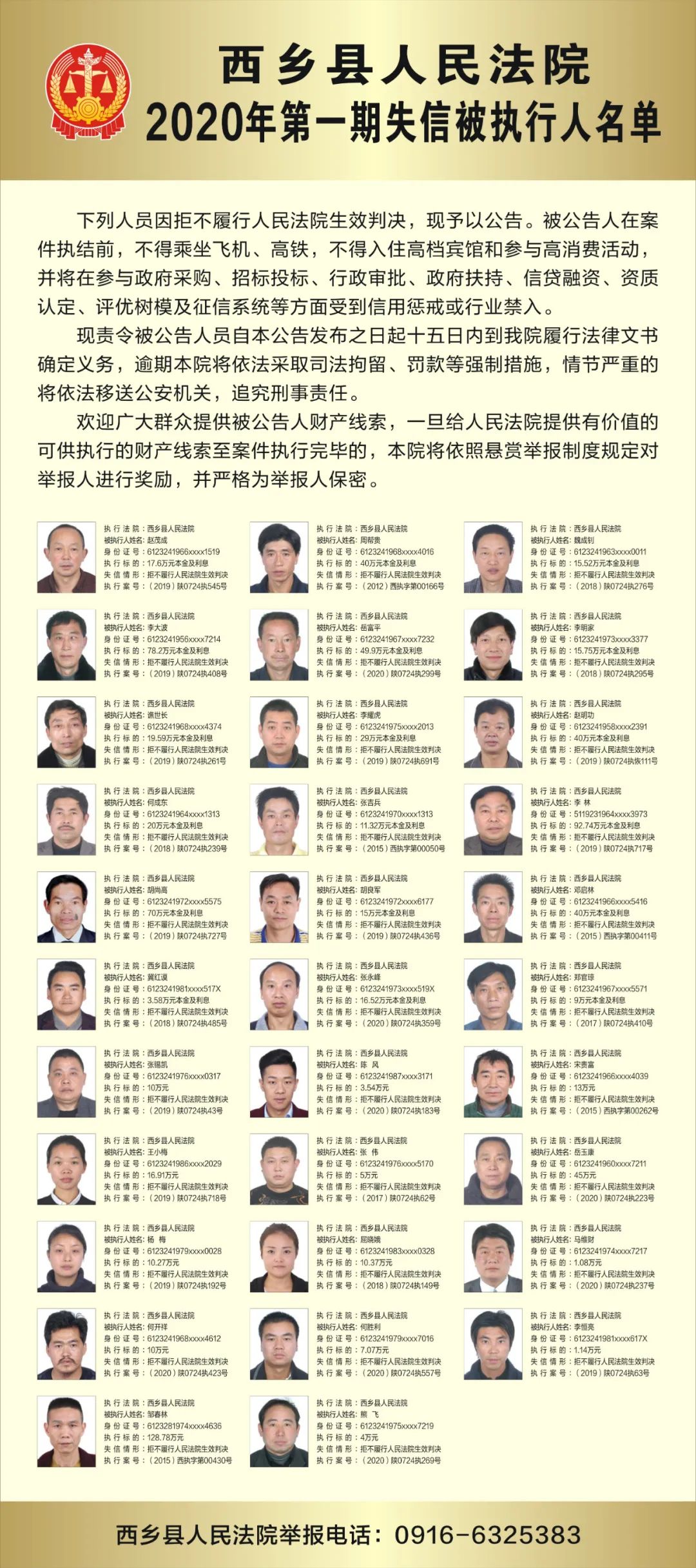 【三秦飓风·2020】西乡县人民法院2020年第一期失信