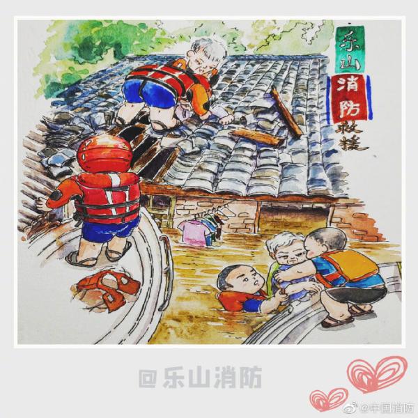 网友手绘消防员洪水中的救援瞬间