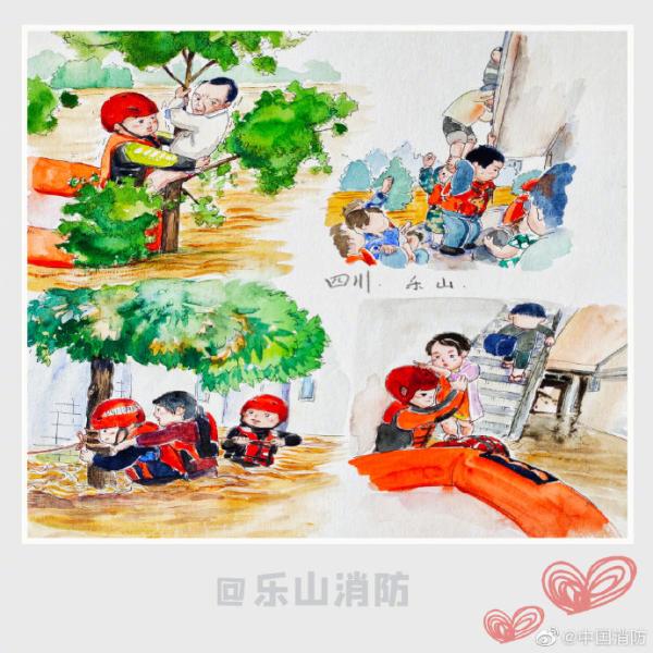网友手绘消防员洪水中的救援瞬间