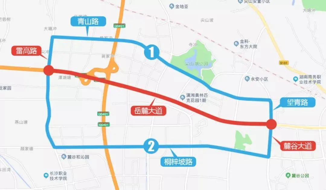 2,岳麓大道下雷高路向南转桐梓坡路,经麓谷大道至岳麓大道绕行.