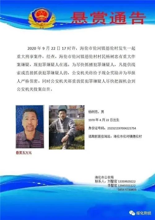 绥化警方悬赏缉拿重大刑事案件嫌疑人落网