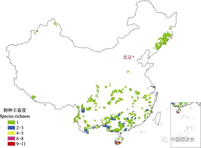 中国极小种群野生植物丰富度分布格局,来源:张则瑾,等(2018)