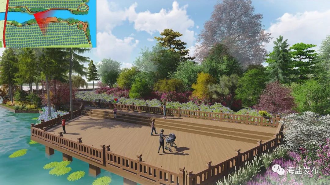 华星休憩节点: 在现有植被中间建设休憩广场,沿河设置亲水平台.