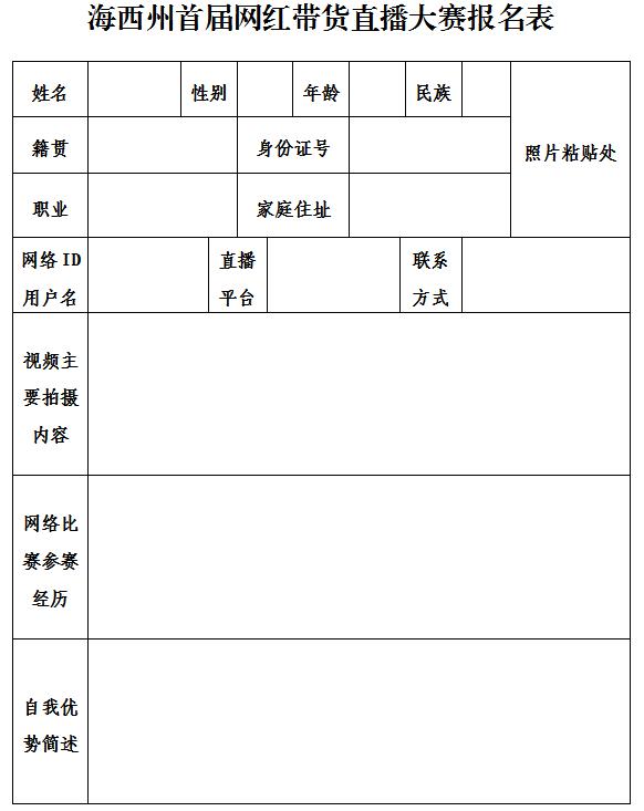 《海西州首届网红带货直播大赛报名表》(德令哈地区报名材料在全市