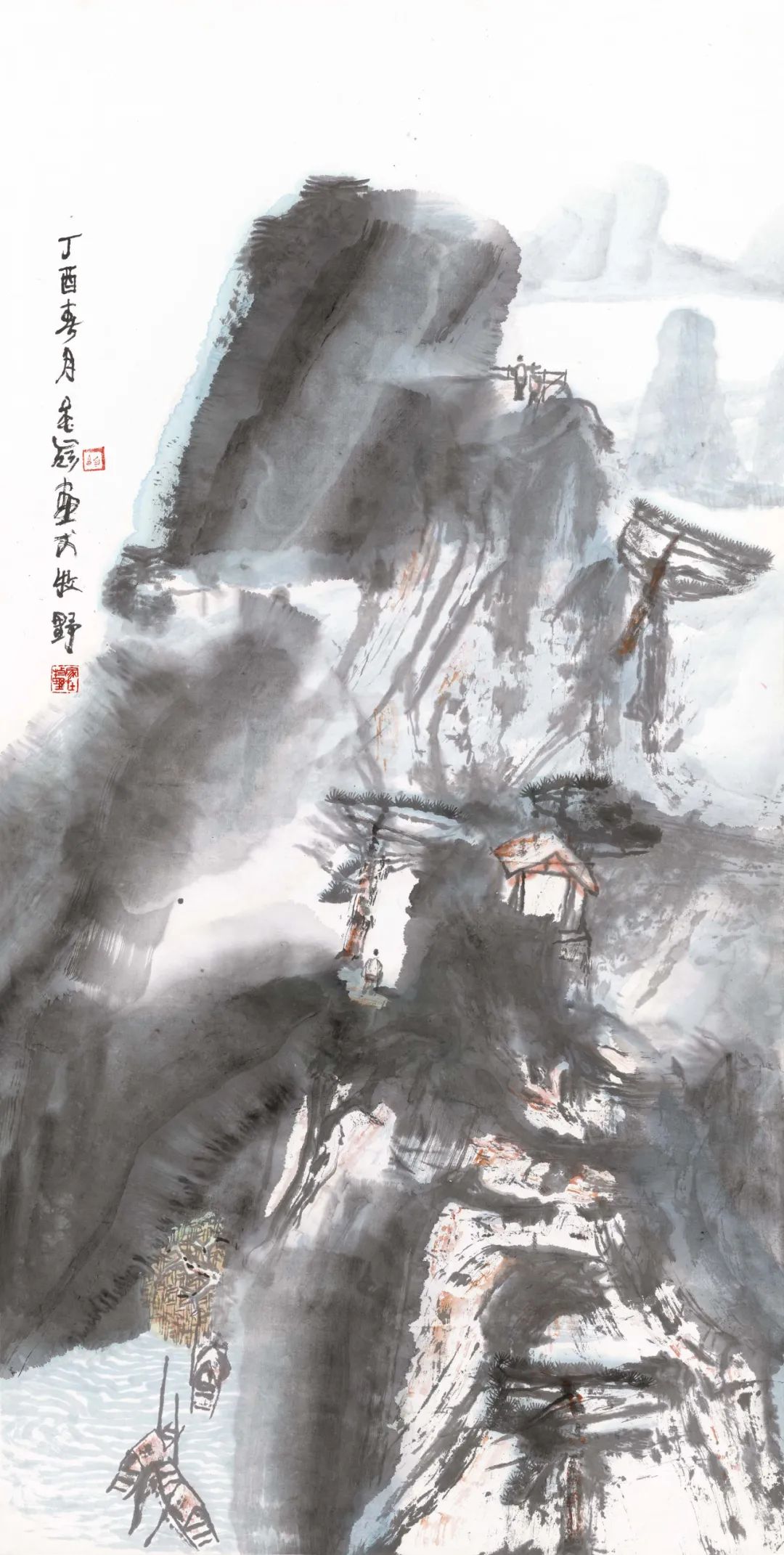 王金岭《青山碧水图》 纸本设色 138cm x 69cm 2017年王金岭《山水