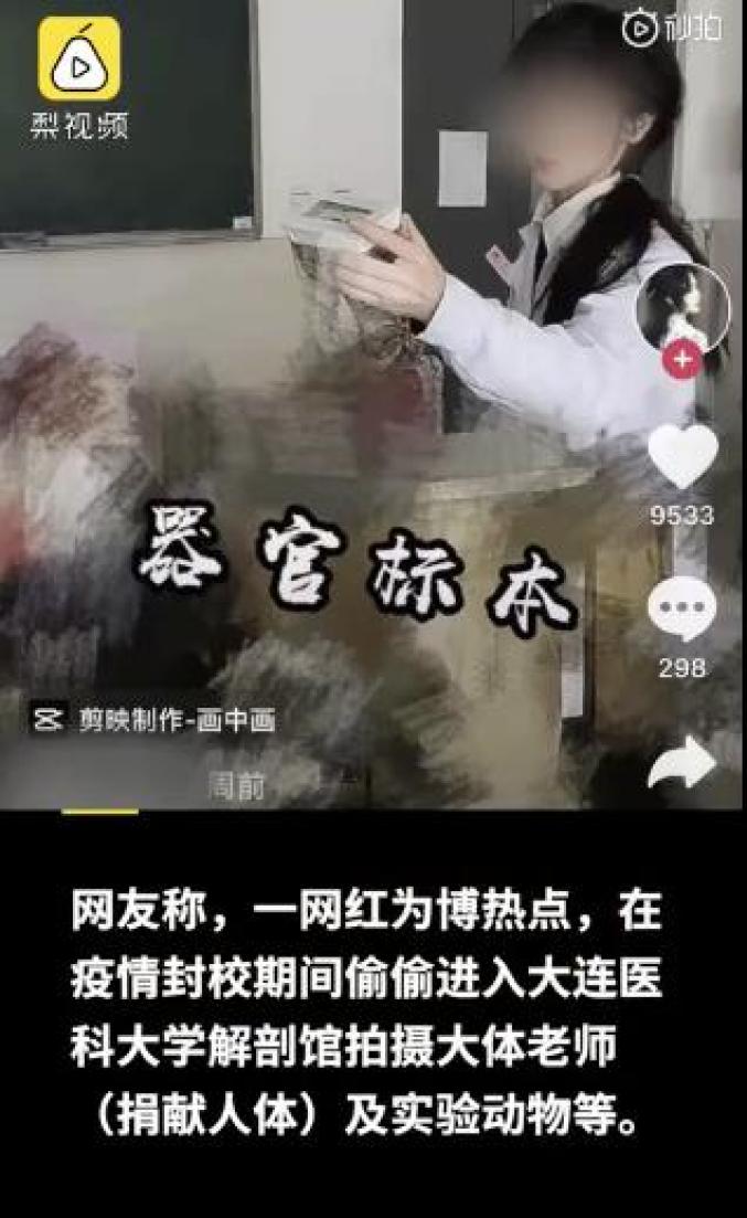 网红溜进解剖室拍 人体标本 高校回应