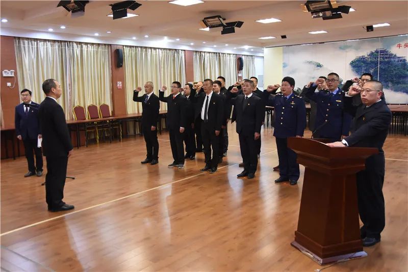 今天县政府新任命的国家工作人员面对宪法举拳宣誓