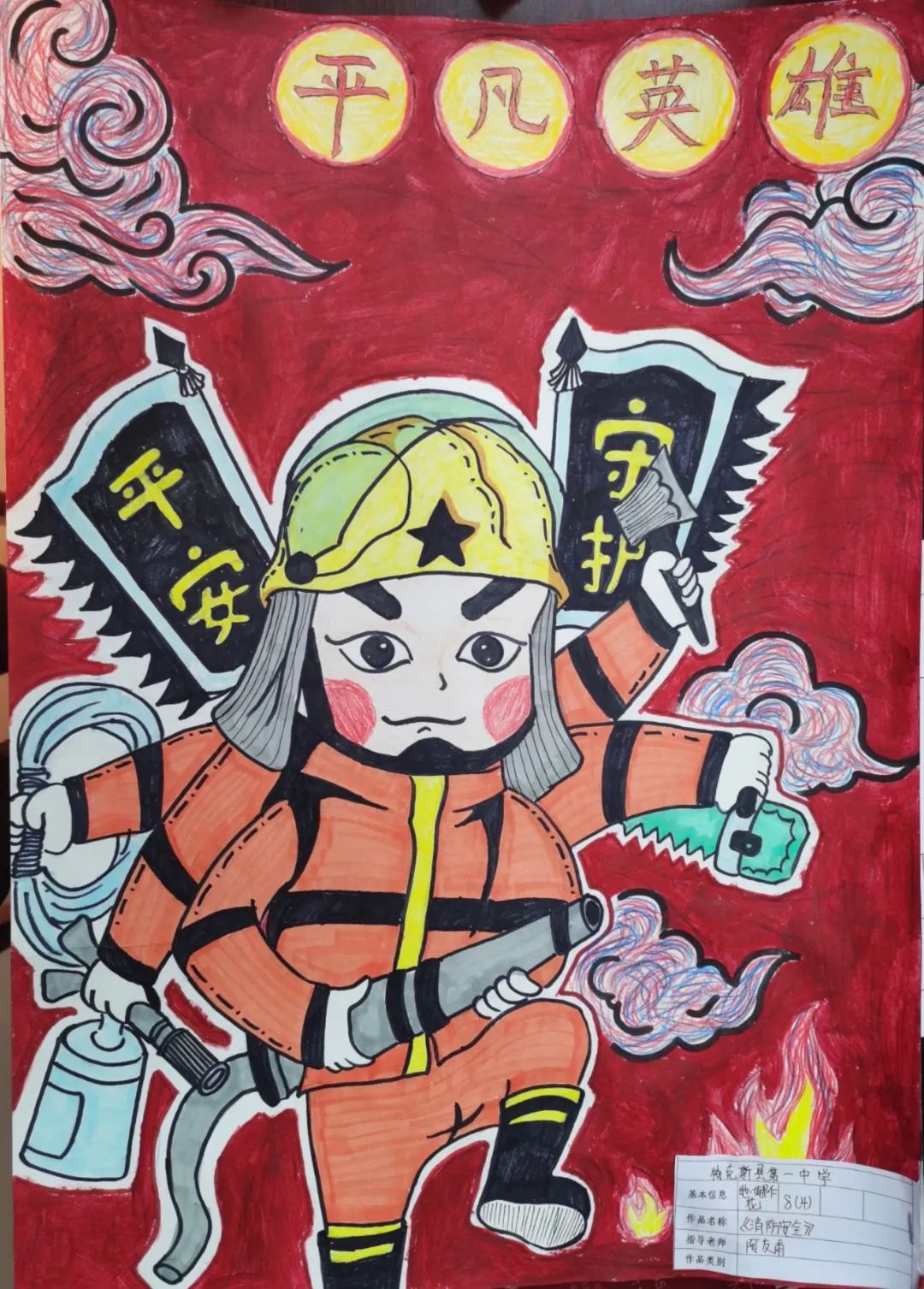 作品名称:《消防安全》所属学校:特克斯县一中八年级4班学生姓名:地