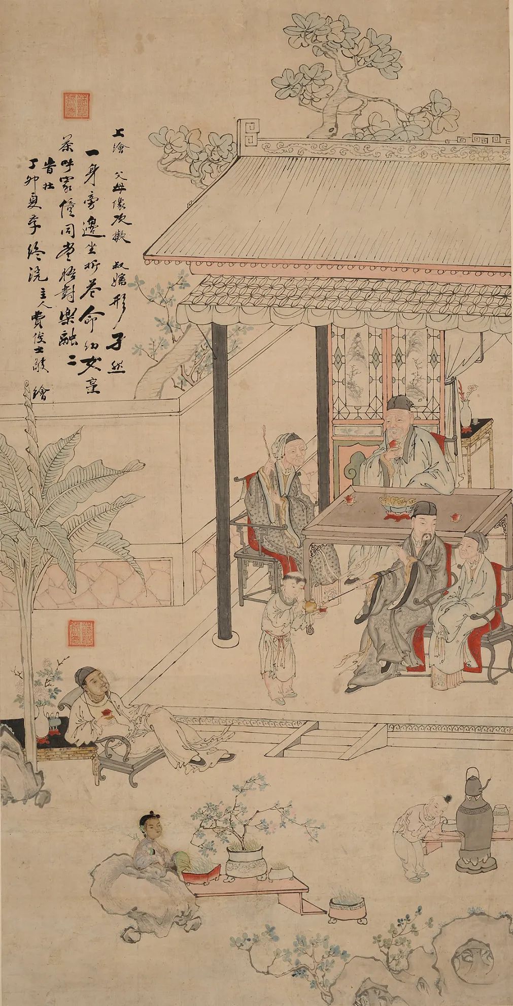 馆藏《薛家春宴图》是薛剑侯比附古人在春夜庭院待客,作诗饮酒的场景