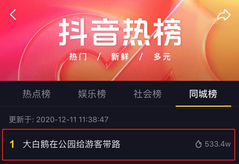 533.4w播放量 抖音同城熱點榜第一