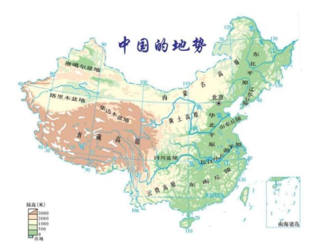 地勢的三大階梯,海拔4000米以上的青藏高原為第一階梯,中間盆地丘陵