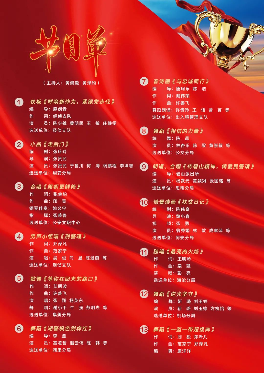 本次比赛全局共有13个单位带着各自的文艺演出作品参赛,最终现场评选