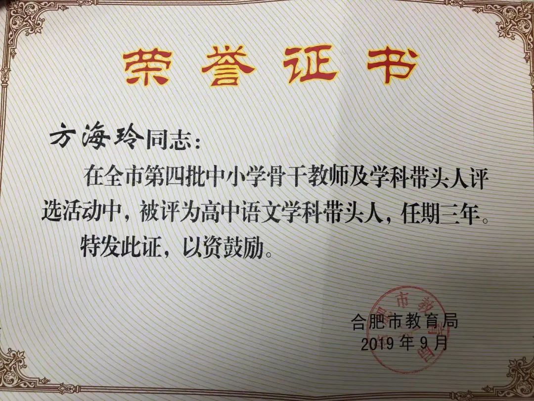 合肥市專業技術拔尖人才,合肥市高中語文學科帶頭人,合肥市優秀教師