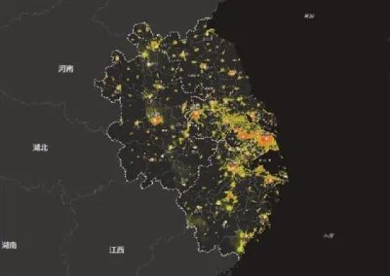 图1:长三角地区的夜间遥感图 资料来源:方翔,《夜光遥感卫星捕捉城市灯光,夜间地图“量化”城市发展——换个视角从太空看夜上海之“魅”》,新民晚报A5版,2019年6月5日