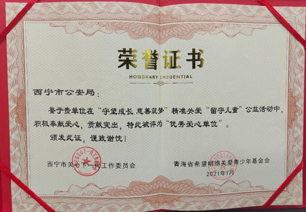 慈善筑梦"精准关爱"留守儿童"公益活动"优秀爱心单位"荣誉奖牌和证书