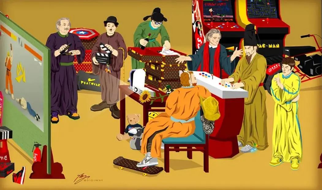 《潮人yeah宴图》中,原作主人公韩熙载作为主人被宾客们环绕,宾客则