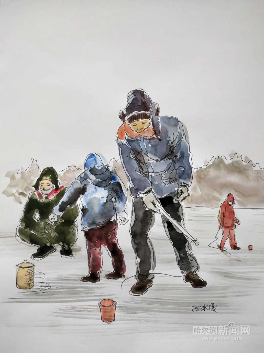 手绘冰雪运动场景系列丨六旬老人钢笔画出市民玩冰雪表情包