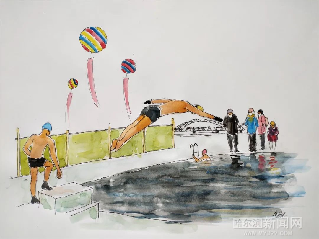 手绘冰雪运动场景系列丨六旬老人钢笔画出市民玩冰雪表情包