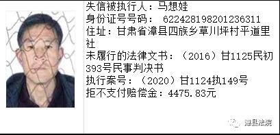漳县人民法院失信被执行人名单发布2021第一期