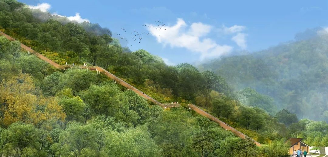 山上,建设内容包括绿道主线以及配套的休息驿站,景观平台,登山电梯