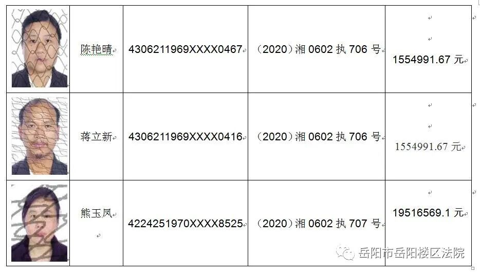 岳阳楼区人民法院公布失信被执行人名单信息（2020年第3期）