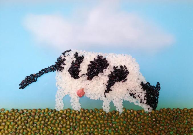 植物种子等为素材制作的生肖牛晒了出来超轻粘土,面粉,果蔬,大米他将