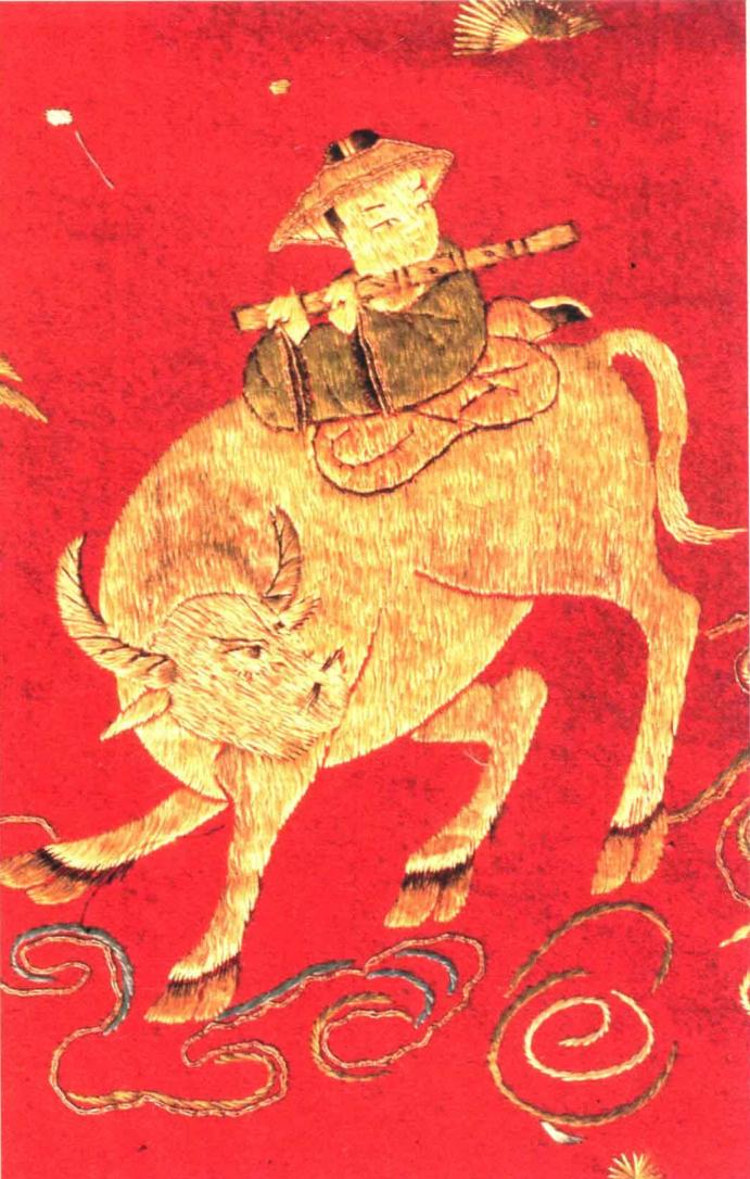 牧童骑牛纹刺绣牛作为被人类驯化的主要牲畜,不仅仅存在于农耕文化里