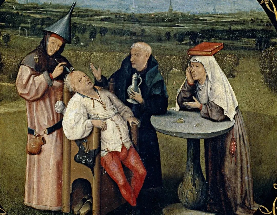 油画《脑中取石》(约1494-1516,局部) 博施 作 现藏于马德里普拉多