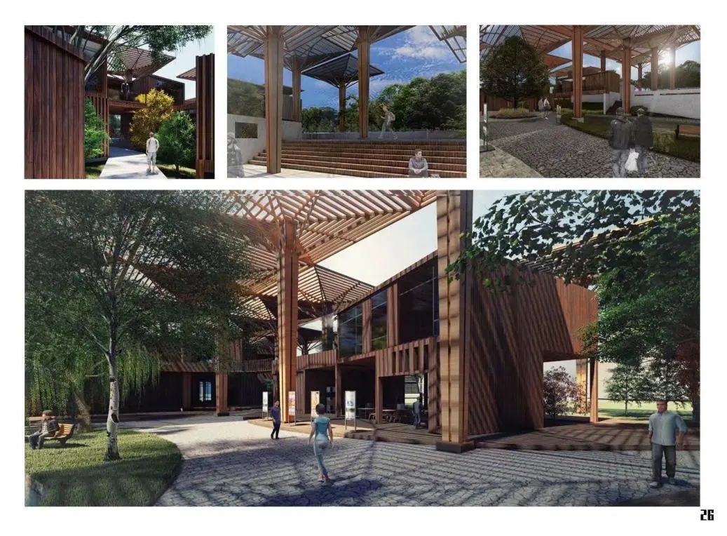 点评本案设计的一大亮点在于模数化的木质伞状构件形成的"生长"建筑