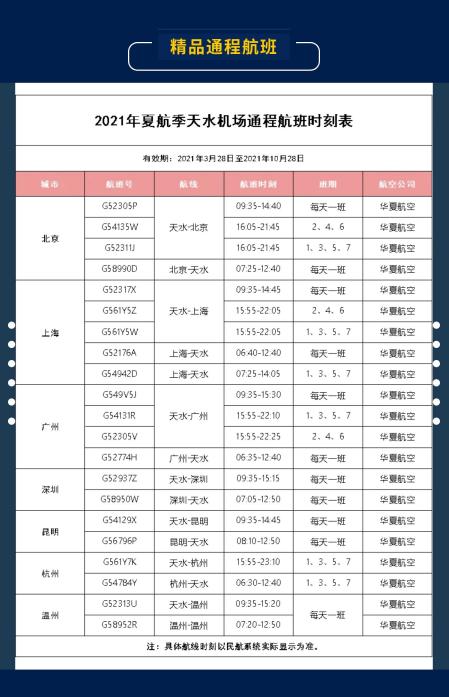 最新天水機場2021年夏秋航季航班時刻表來啦