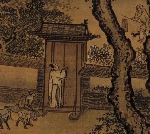 一名士人正在敲门,庭院里有个仆人提着灯笼前来应门落在队伍后列的