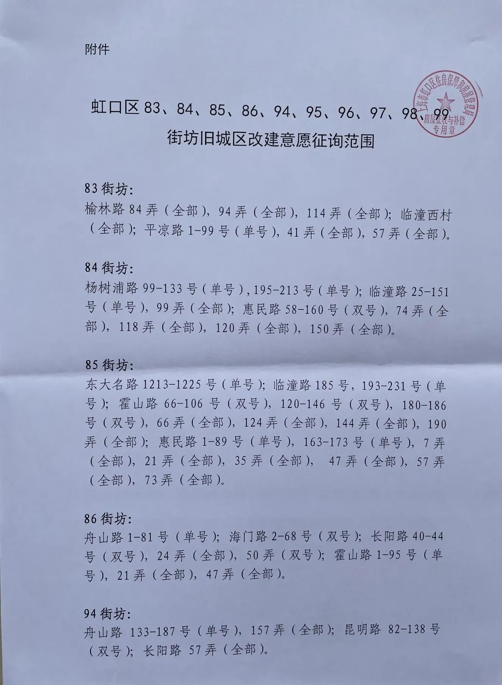 2021年4月8日起,虹口区83,84,85,86,94,95,96,97,98,99街坊旧城区改建