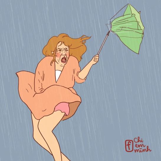 唯有失控的伞和扭曲的脸在风雨中凌乱.