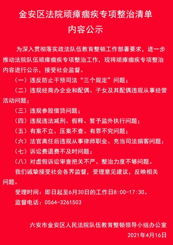 金安区法院顽瘴痼疾专项整治清单内容公示