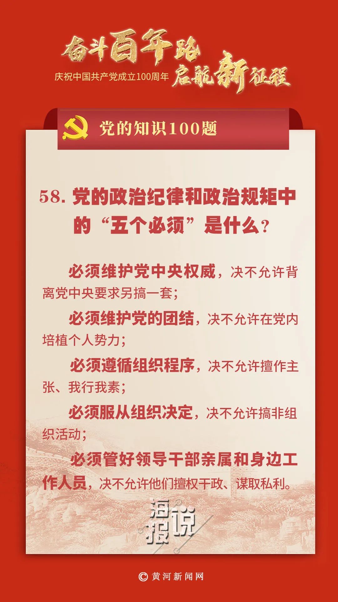 党的知识100题党的政治纪律和政治规矩中的五个必须是什么