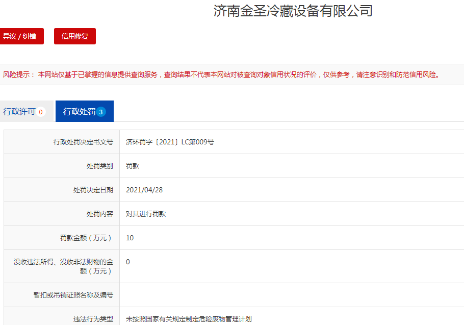 同一天内 济南金圣冷藏设备公司被罚两次