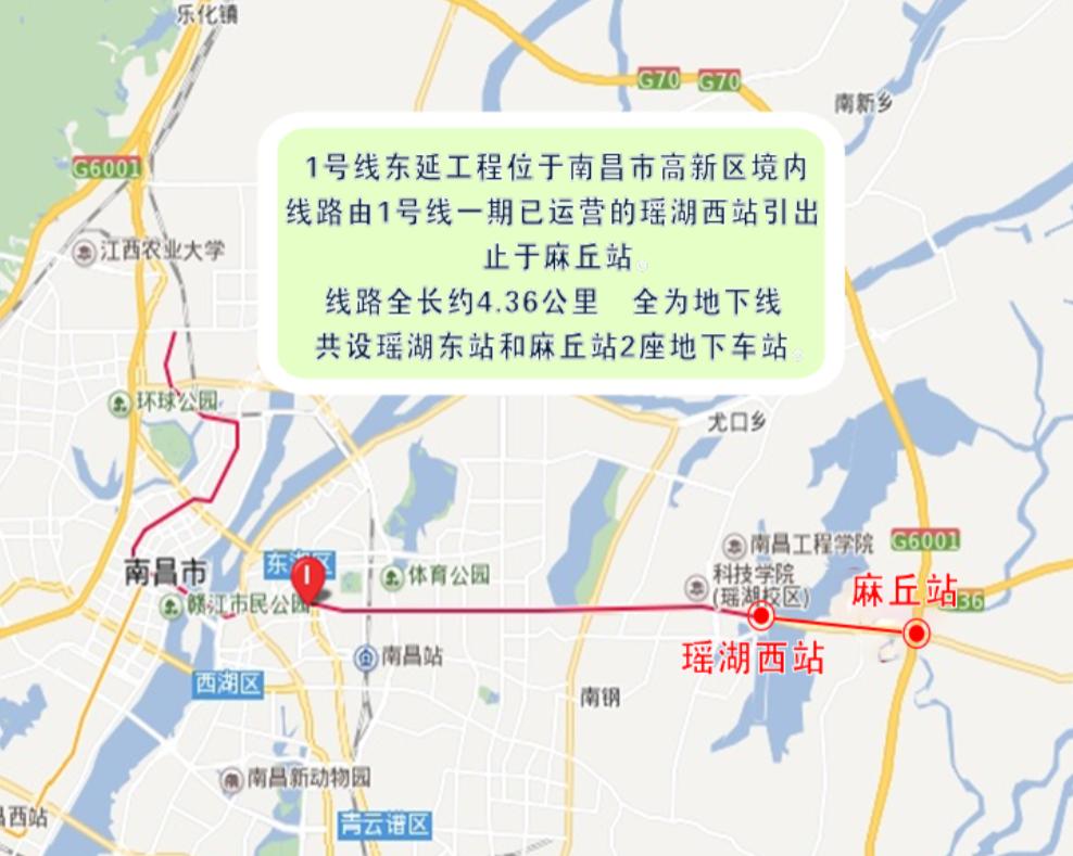 東延工程位於南昌市高新區境內,線路由1號線一期已運營的瑤湖西站引出