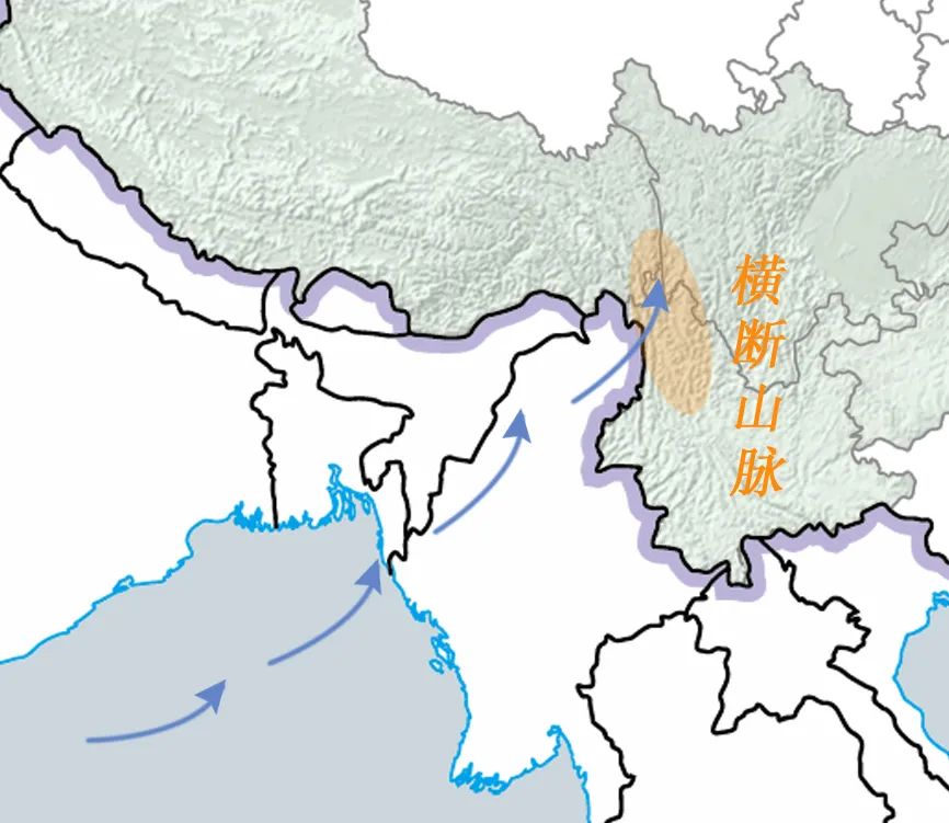 西部是著名的横断山脉,地形陡峭,潮湿的西南气流遇山后强迫抬升,使