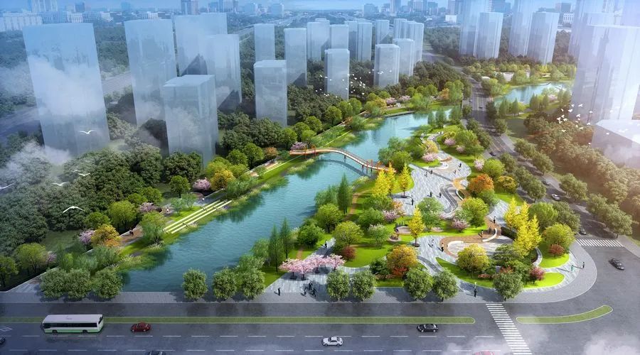 公园北区鸟瞰图总景观面积约为4万平方米,设置有健身步道,景观桥,景观