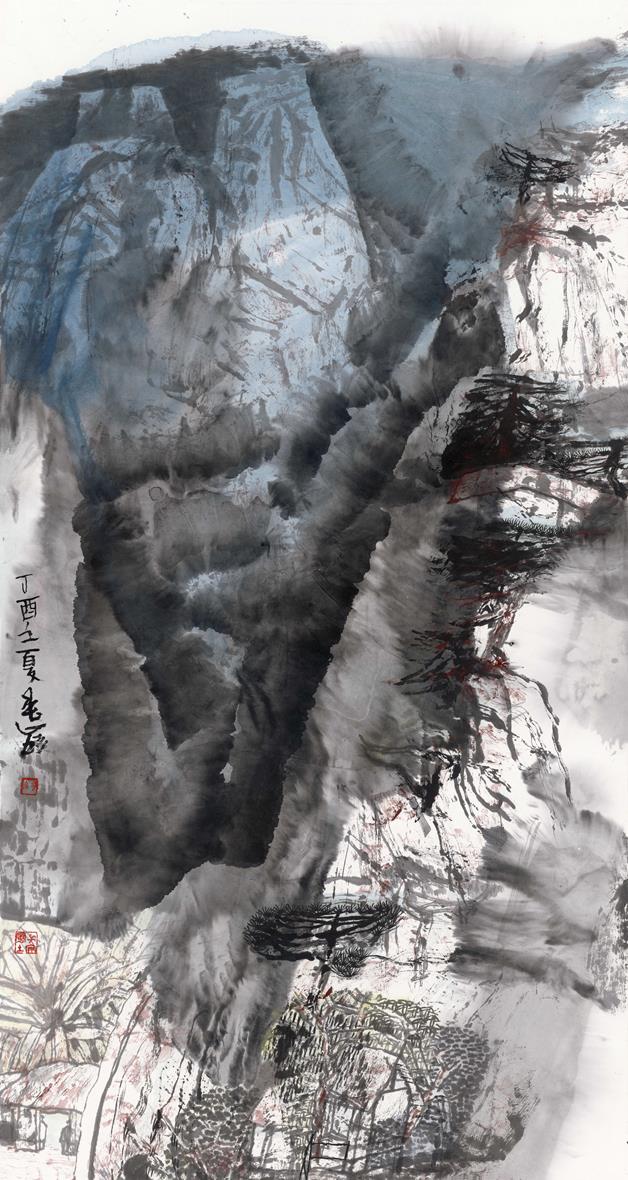 《山雨欲來》,王金嶺,2017年,69×138cm,紙本水墨