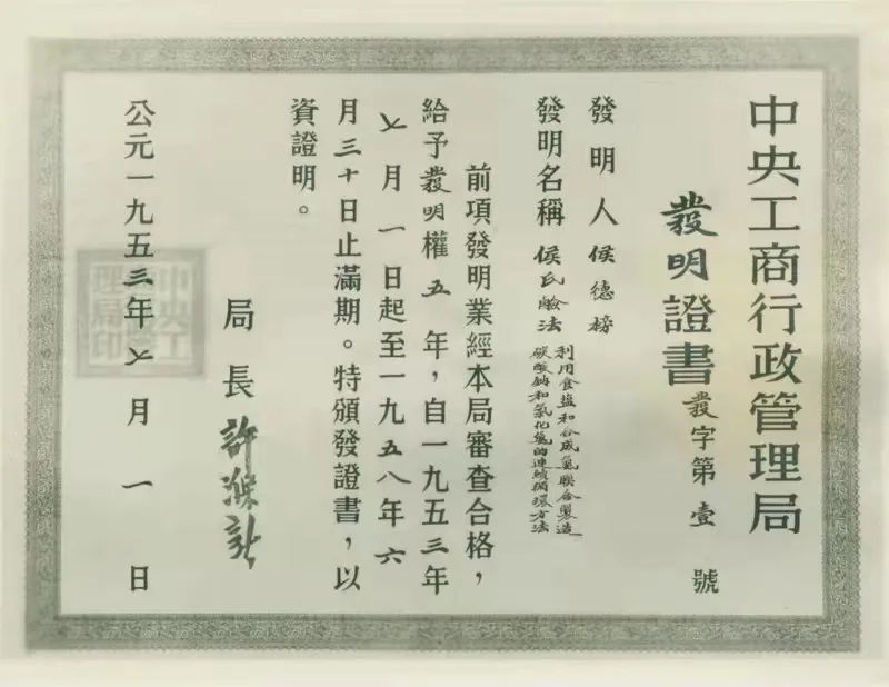 中国专利 永利中国 ——“侯氏碱法”获颁新中国第一号发明证书｜知识产权红色印记