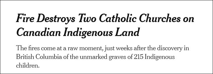 美国《纽约时报》：原住民保留地的两处天主教堂发生火灾