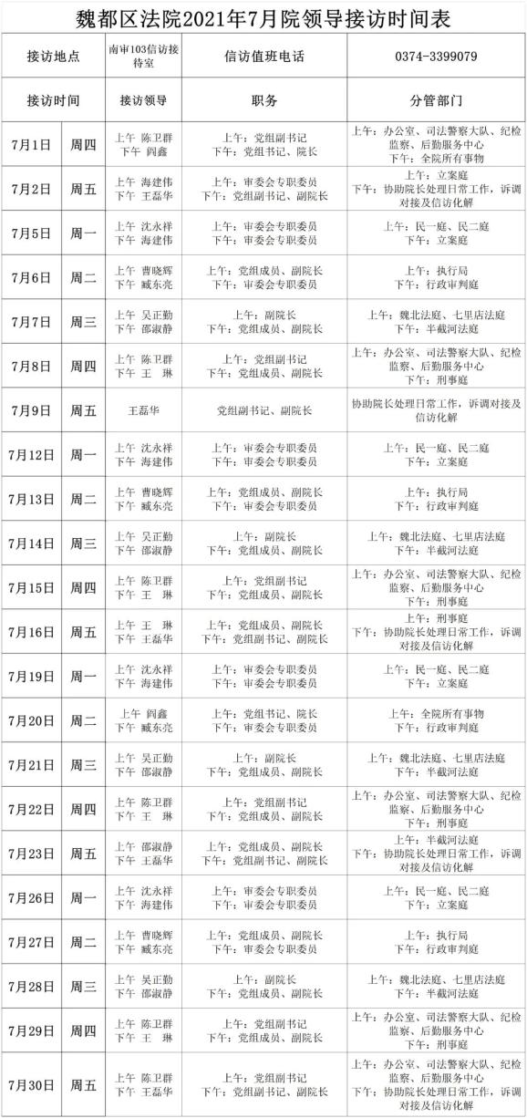 魏都区人民法院向社会公布2021年7月信访值班表