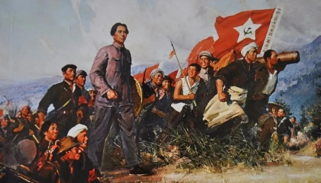 五角星内绣着镰刀和斧头的图案,旗帜左面写有"工农革命军第一军第一师